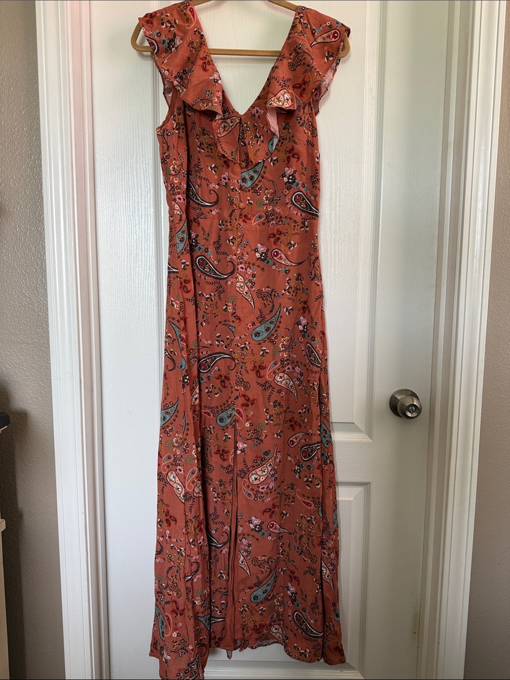 Willow Rust Paisley Ruffle V-Neck Maxi Dress